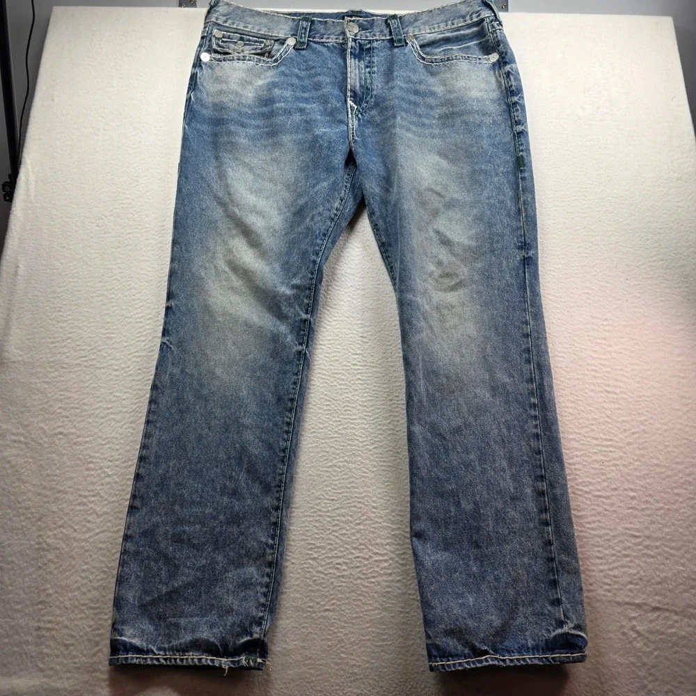 True Religion Ricky Relaxed Straight Men 42 Blue Super‎ T Stitch Acid Wash Jeans